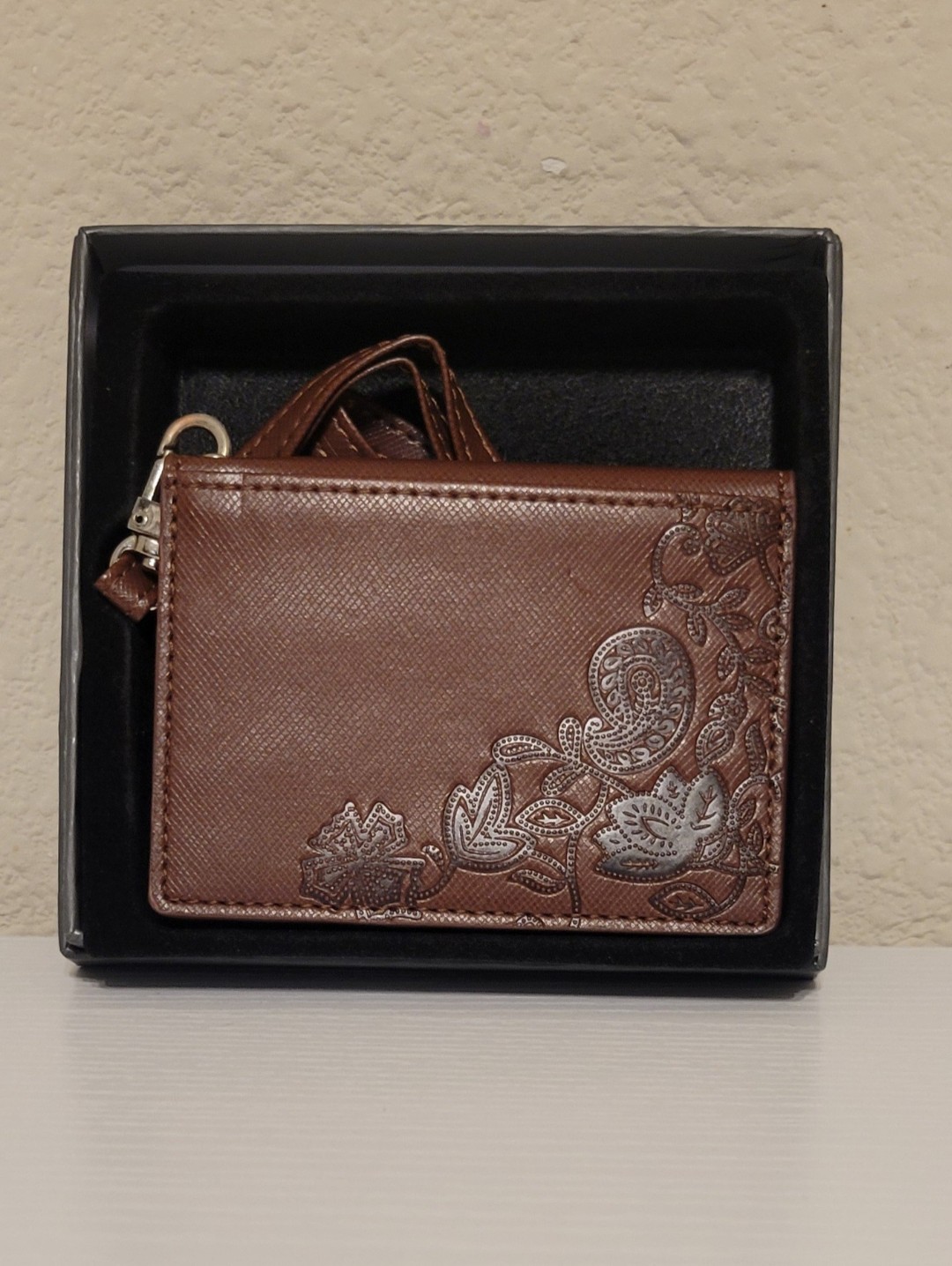 Brown Embossed Leather Card Holder With Lanyard